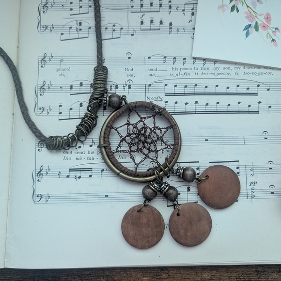 Bohemian Dreamcatcher Necklace in Brown and Silver - Picture 1 of 12